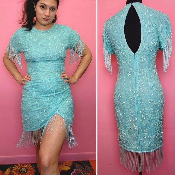 Vintage 1980's does 20's Silk Beaded Turquoise Asymmetrical Fringe Dress - Picture 1 of 10